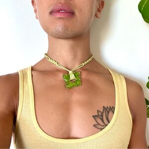 Vintage Y2K Abatract Green Glass Pendant Necklace